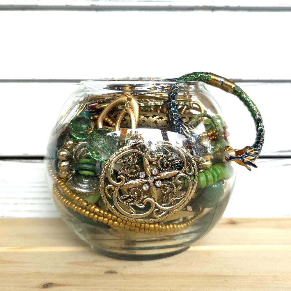 Green & Gold Curated Mystery Jewelry Jar 2lb 7oz Vintage To Now All Wearable 6f